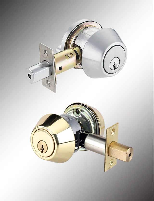 Two deadbolt locks with latch bolts, in satin chrome and polished brass, of the kind serviced in commercial lock repair in Washington DC