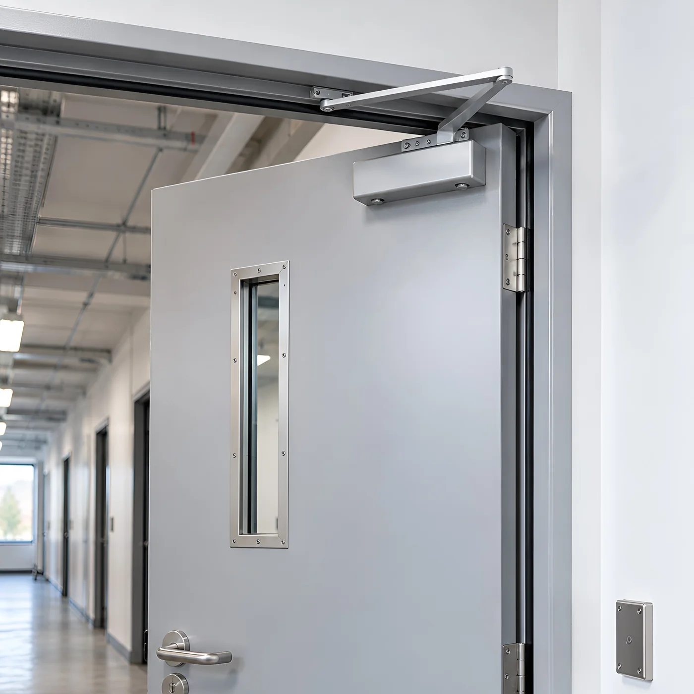 Door closer and arm on a steel office door after commercial door closer repair in Washington DC