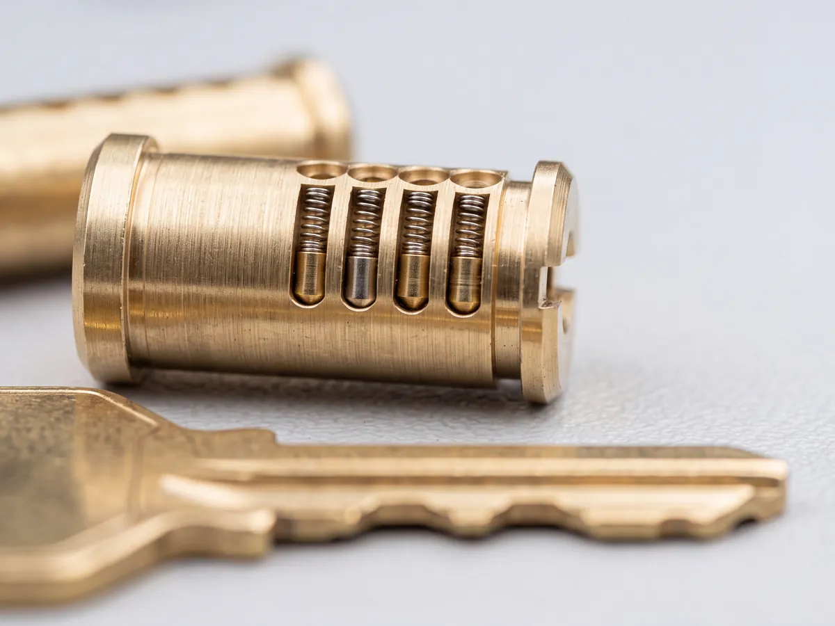 Brass lock cylinder plug with pins and springs next to a key, ready for commercial rekeying in Washington DC