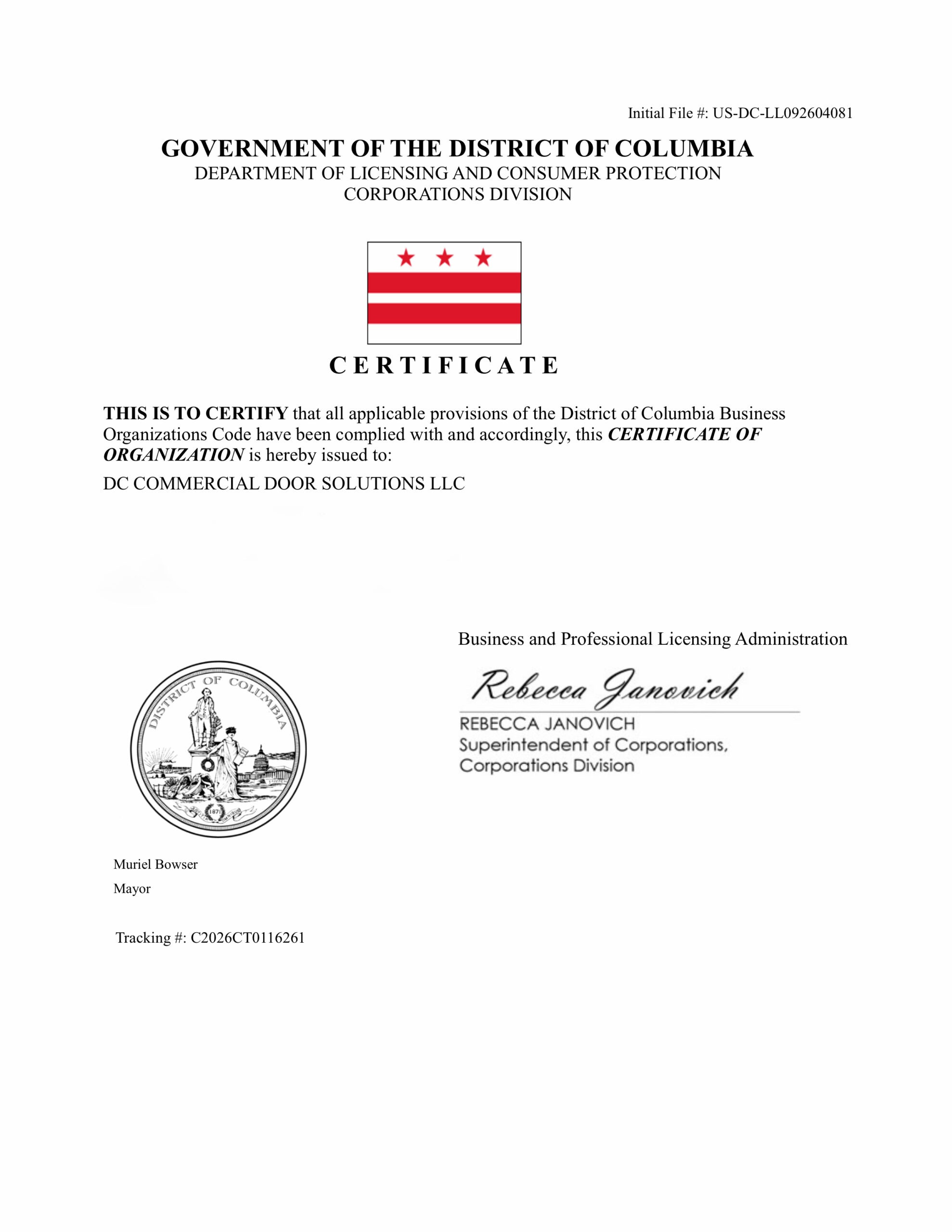 DC Commercial Door Solutions LLC Certificate of Organization issued by the Government of the District of Columbia