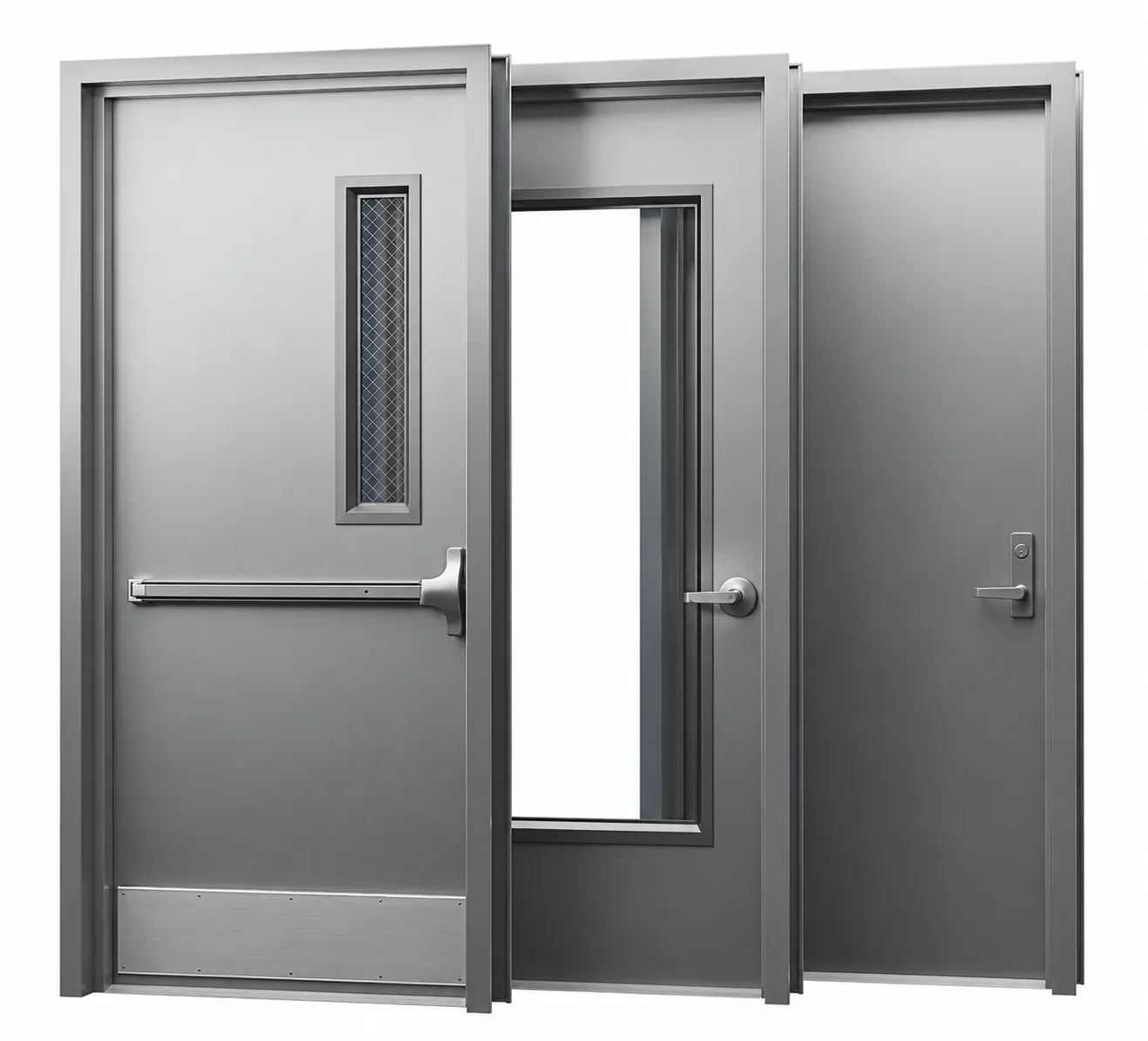 Hollow metal steel doors and frames with panic bar, vision lite and lever hardware
