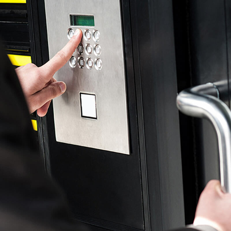 Keypad access control lock on a commercial door