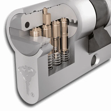 Cutaway of a commercial lock cylinder showing the pin stacks used in master key systems